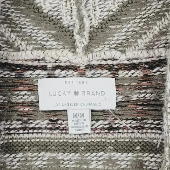 Lucky Brand Womens Cardigan Sweater M Beige Green Geometric Pattern Cotton 6PT - Picture 4 of 7